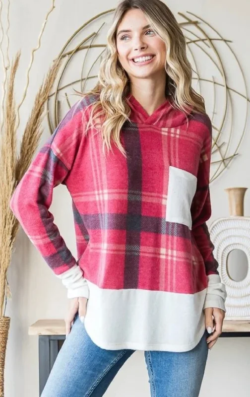 Plus Size Plaid Contrast Hoodie Red Hoodie with Raw Hem Edgy Unfinished