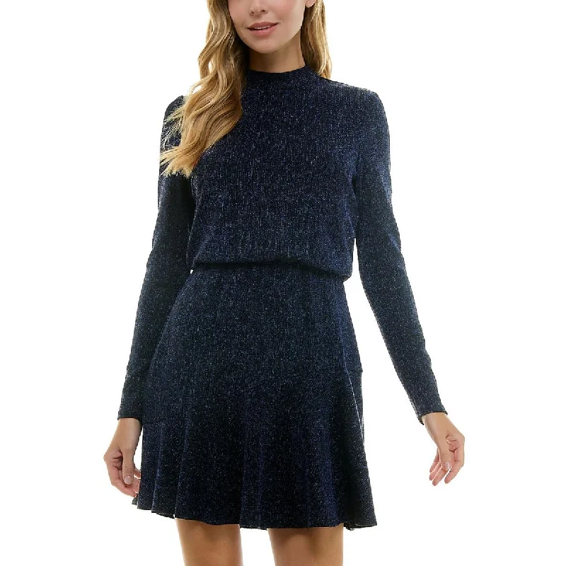 Juniors Womens Metallic Nylon Fit & Flare Dress Elegant Long Evening