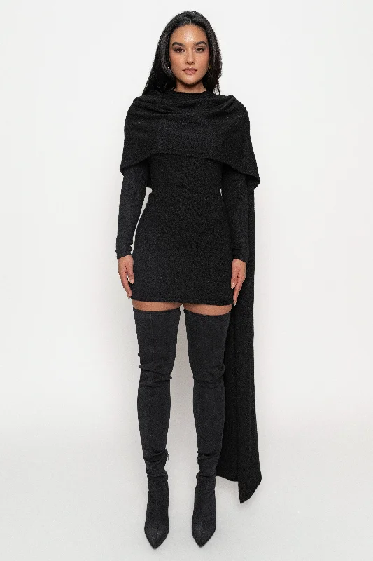 Black Scarf Draped Mini Dress Classic Shift Mini Dress