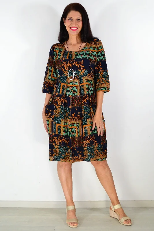 Navy Green Ornate Tunic Dress Tunic Top Casual