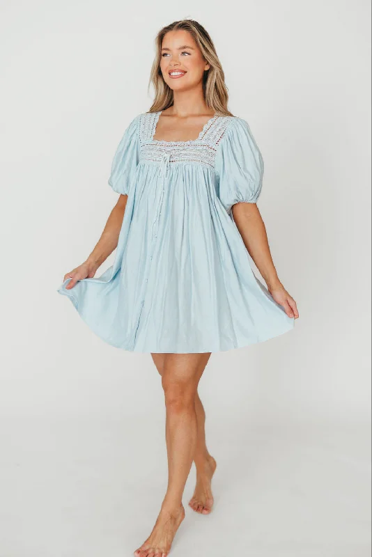 Dottie Lace Trim Linen-Blend Mini Dress in Light Blue Trendy Floral Mini Dress