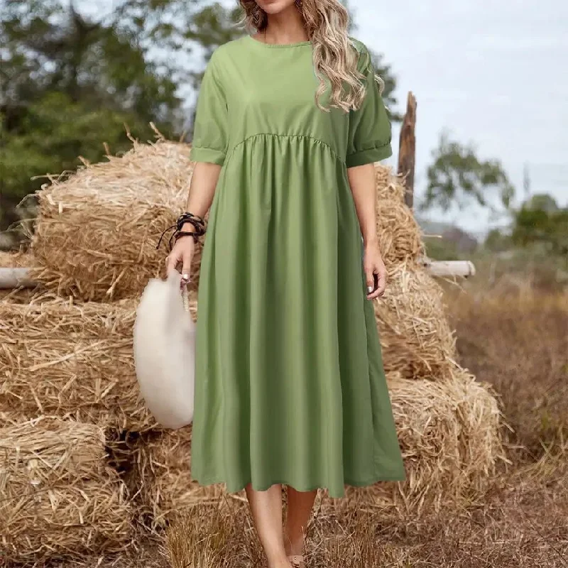 Women's Short Sleeve Solid Loose Waist O-Neck Comfortable Style Casual Summer Long Dress 5XL B-108260 Tunics Top rated