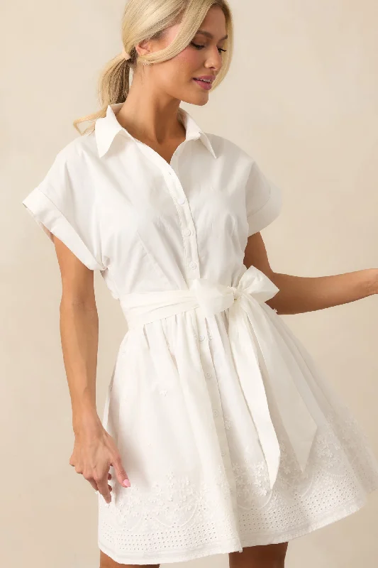 Morning Markets Cotton White Botton Front Mini Dress Stylish Short-Sleeve Mini Dress