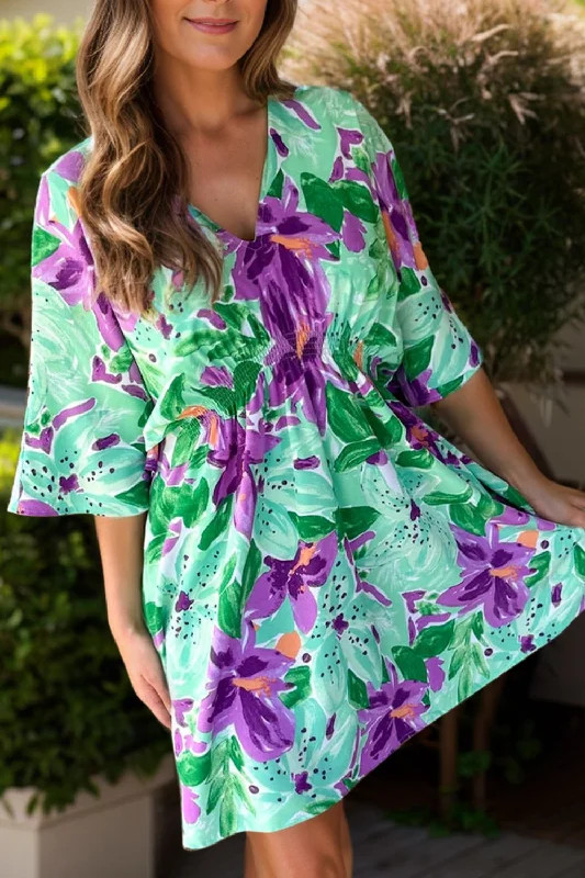 Printed V-Neck Half Sleeve Mini Dress Stylish Ruffle Mini Dress