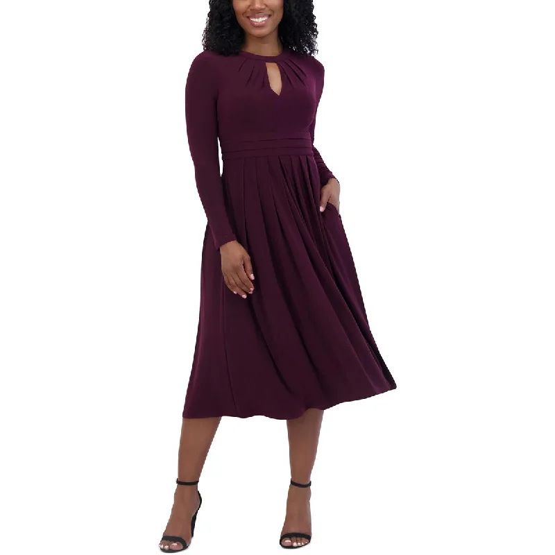 Petites Womens Pleated Polyester Fit & Flare Dress Tunics Solid Classic