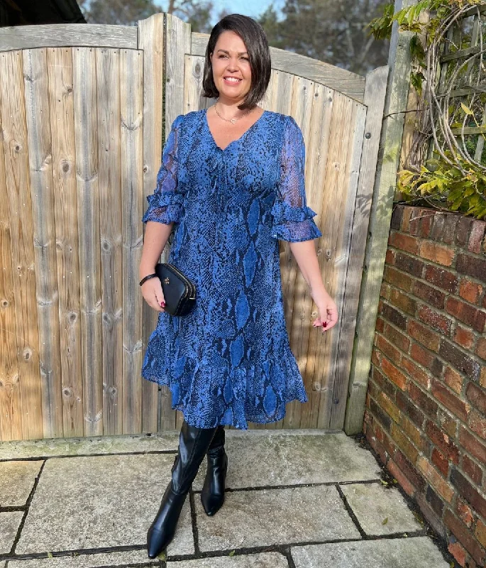Blue Snake Print Midi Tea Dress Tunics Versatile functional