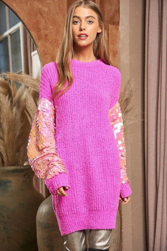 Davi & Dani Sequin Sleeve Sweater Knit Tunic Top Neon Metallic Matte
