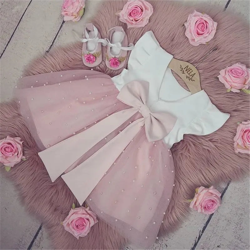 Princess Girl Dress Ruffles Sleeve Solid Pearl Lace Patchwork Back Bowknot Tutu Dress Pageant Wedding Ball Gown Party Dresses Tunics Modern contemporary