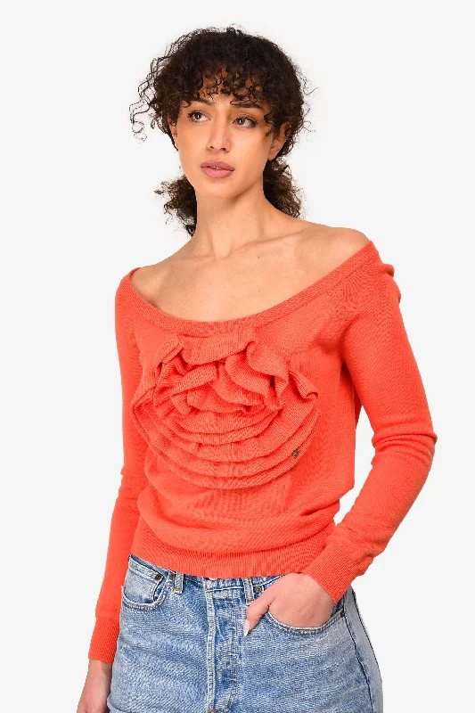 Sonia Rykiel Orange Wool Flower Sweater Size XS Machine Wash Dry Clean Hand Wash
