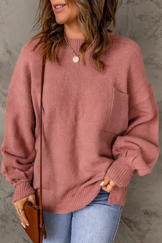 Solid Color Puffy Sleeve Pocketed Sweater Mesh Fabric Canvas Fabric Denim Fabric