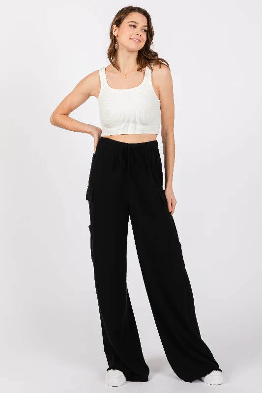 Black Pocketed Drawstring Pants Comfortable Fleece Pants