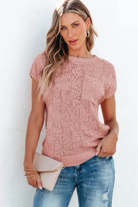 Lattice Textured Knit Short Sleeve Sweater Neon Metallic Matte