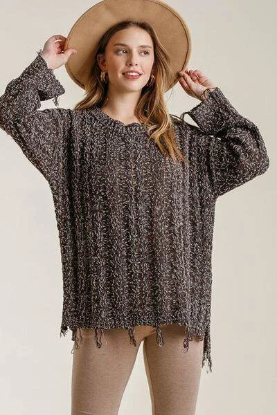 Umgee Frayed Hem Cable Knit Round Neck Sweater Plus Size Boxy Sweater Fitted Sweater A-Line