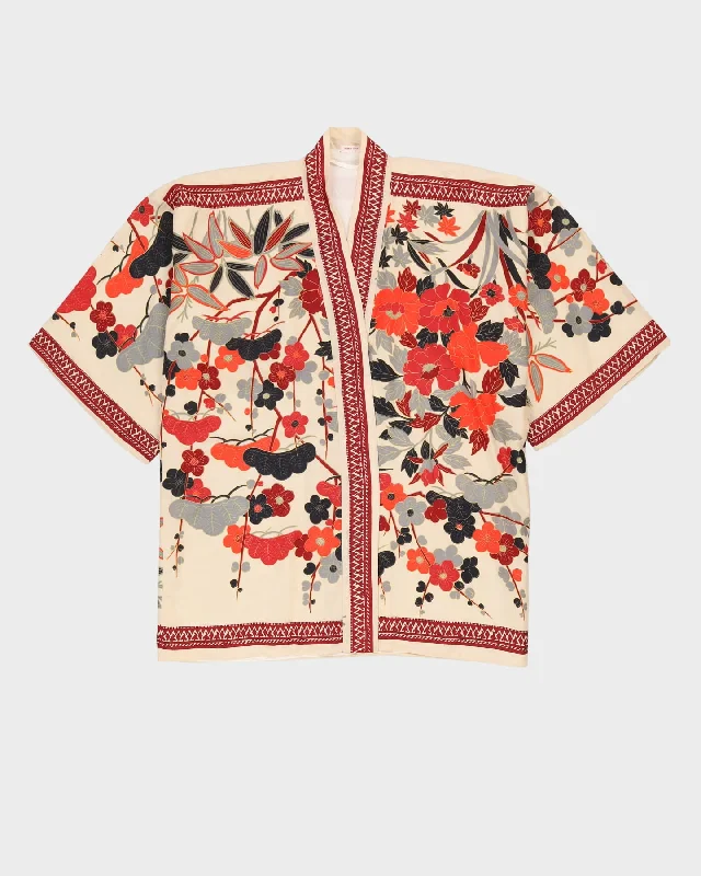Cream With Red Floral Pattern Haori Jacket - M / L Cardigan Sweater Pullover