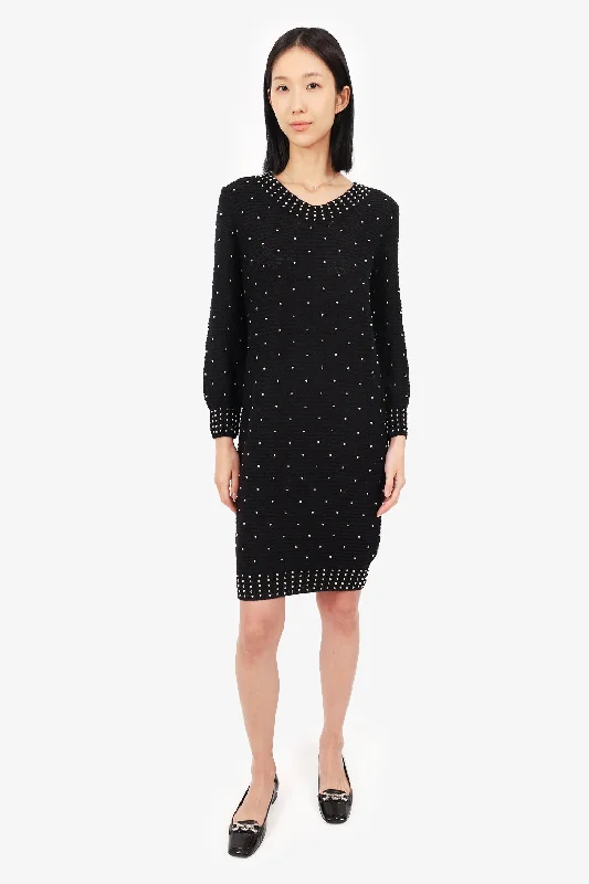 See By Chloe Black Wool Pearl Beaded Sweater Dress Size 8 Polka Dot Checkered Tartan