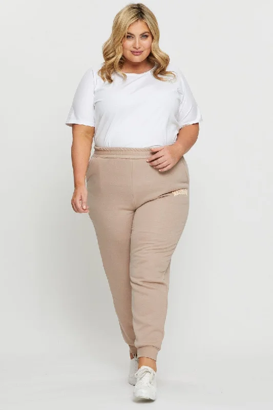Beige Track Pants High Rise Elastic Waist Elegant Silk Pants