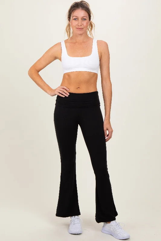Black Fold Over Waistband Flared Pants Elegant Silk Pants