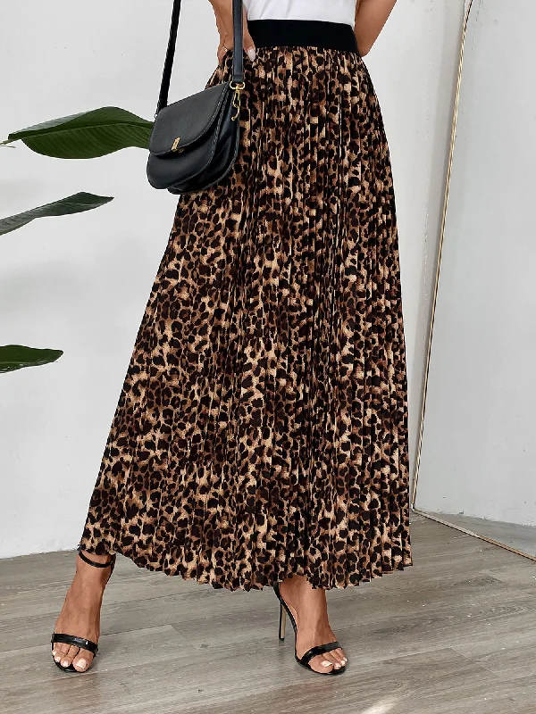 Pleated Leopard Elastic Waist Midi A-Line Casual Skirt lace skirt feminine