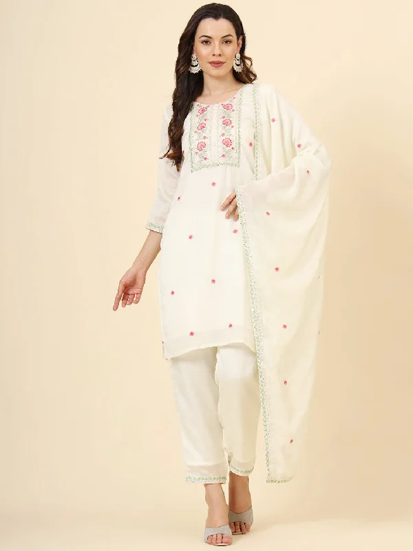 Off White Designer Readymade Pant Suit With Designer Embroidery Work Trendy Work Pants