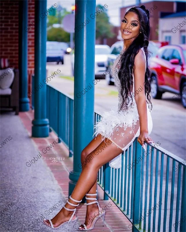 Plus Size White Feathers Short Prom Dress For Black Girls Beaded Crystal Birthday Party Dresses Tunics Distressed trendy