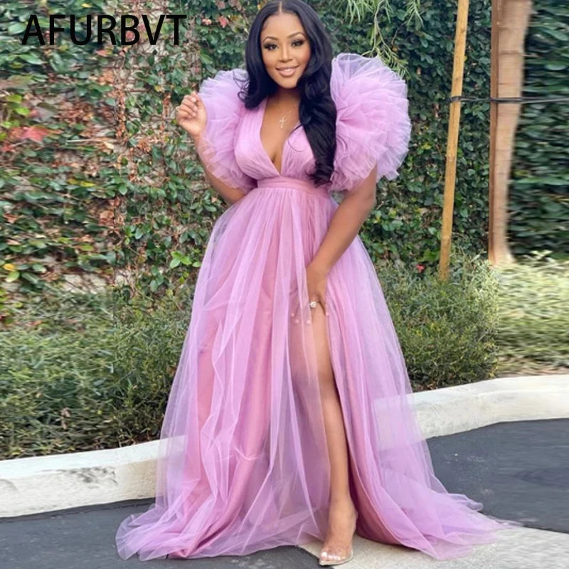 Cute Pink White Ruffles Tulle Ball Gowns for To Birthday Long Party Dresses Sexy Deep V Neck Puff Sleeve Maxi Dress Tunics Bestseller popular
