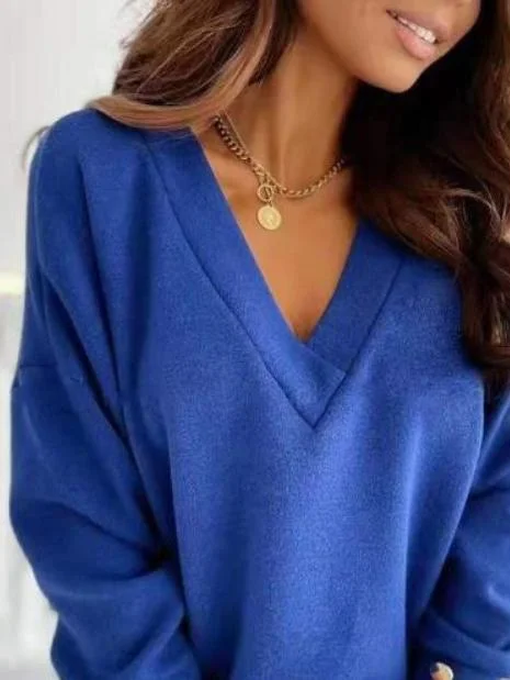 Blue V-Neck Button Detail Sweater Zippered Front Buttoned Front Snap Front