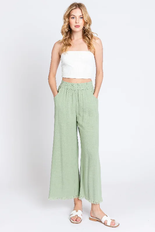 Sage Linen Frayed Hem Crop Pants Soft Stretch Trousers