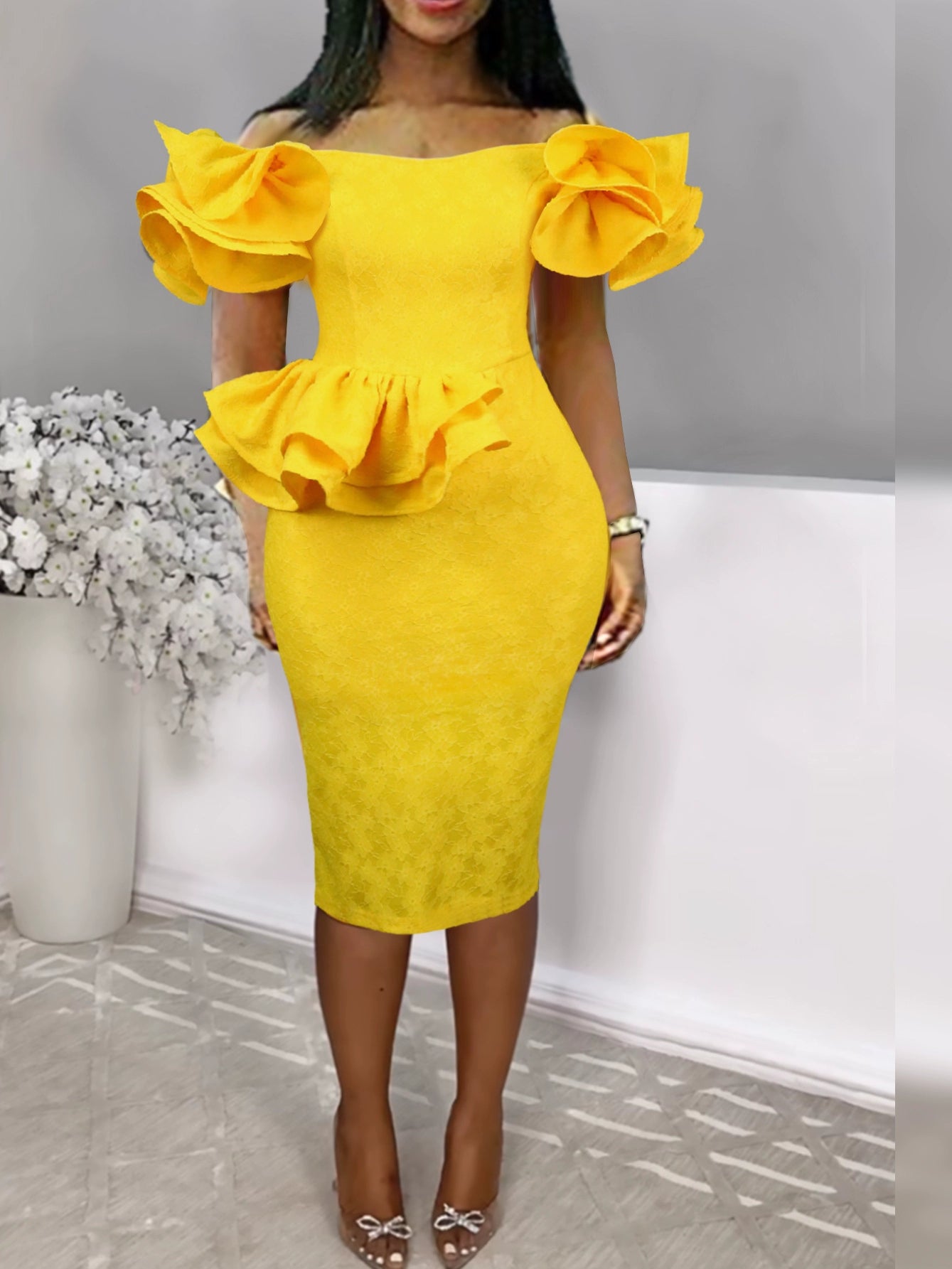 2023 Fashion plus Size Lace Ruffles off-Neck Dress plus Size Lace Party Dress sweetheart Neckline Romantic
