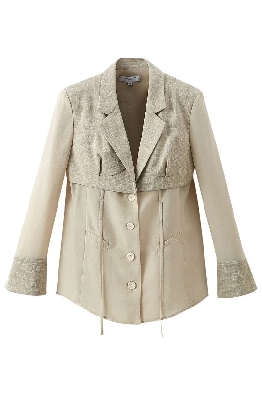 SEMI TRANSPARENT BEIGE JACKET Boat Neck Shawl Collar Notched Collar