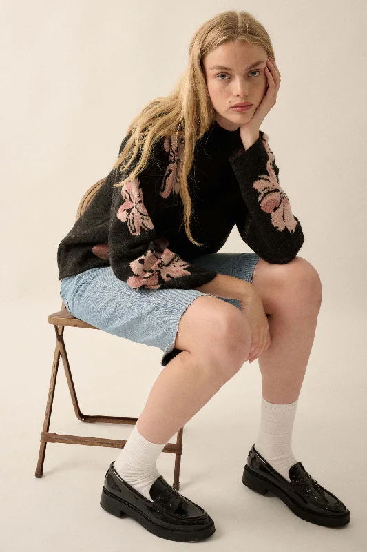 Comfy Flowers Mock-Neck Floral Jacquard Sweater Long Sweater Short Sweater Cropped Sweater