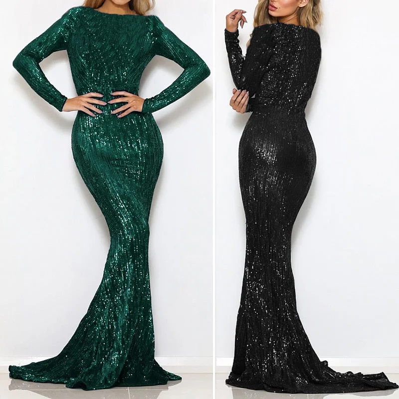 Enenthelabel O Neck Full Sleeved Maxi Dress Stretch Sequined Floor Length Evening Party Dress Tunics Floral girly