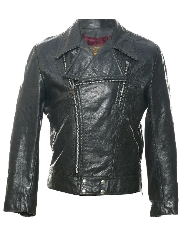 Biker Style Leather Jacket - L Belted Jacket Elasticated Jacket Padded Jacket