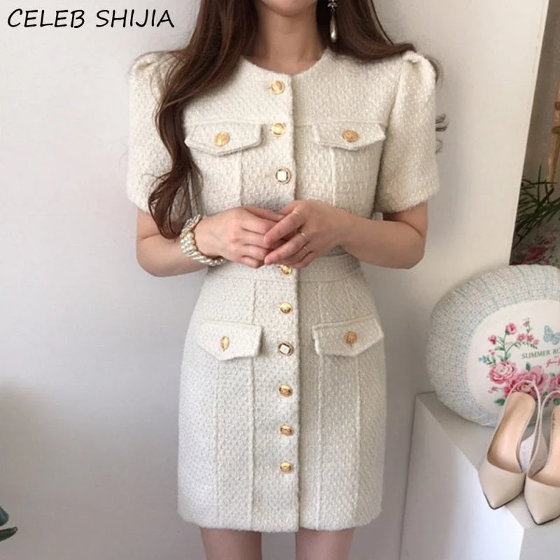 Beige Tweed Dress for Woman Single-breasted Pocket Short-sleeve Elegant Dress Vestido O-neck Vintage Party Dresses Fall Crew Neckline Casual