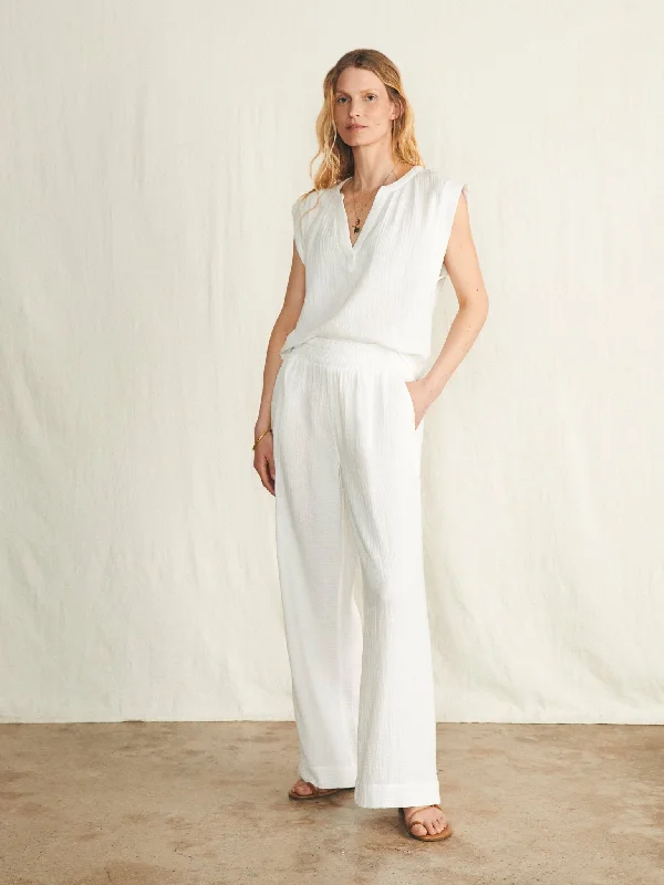 Faherty Dream Cotton Gauze Wide Leg Pant / White Casual Lounge Pants