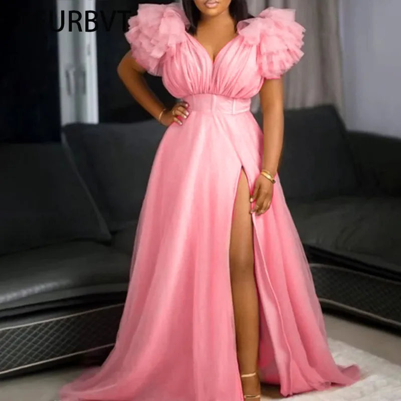 Cute Blue White Ruffles Tulle Ball Gowns for To Birthday Long Party Dresses Sexy Deep V Neck Puff Sleeve Maxi Dress Tunics New arrival