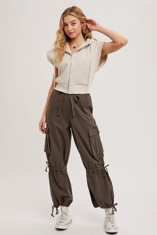Ash High-Rise Drawstring Cargo Wide Leg Pants Elegant Wool Trousers