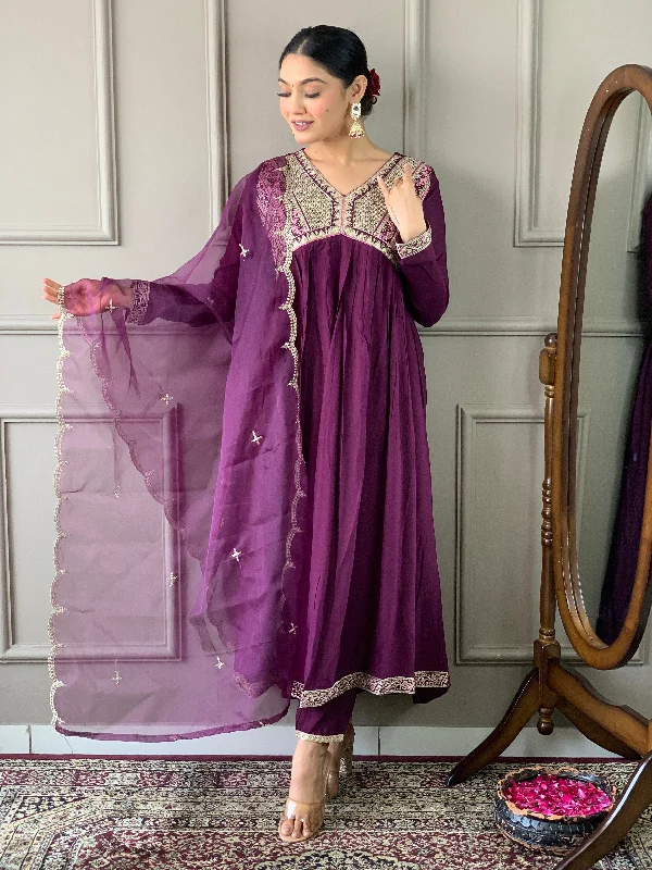 Wine Attractive Looking Pant Suit With Designer Embroidery Printed Work Soft Stretch Pants