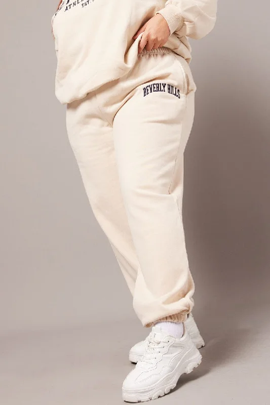 Beige Track Pants High Rise Classic Cropped Pants