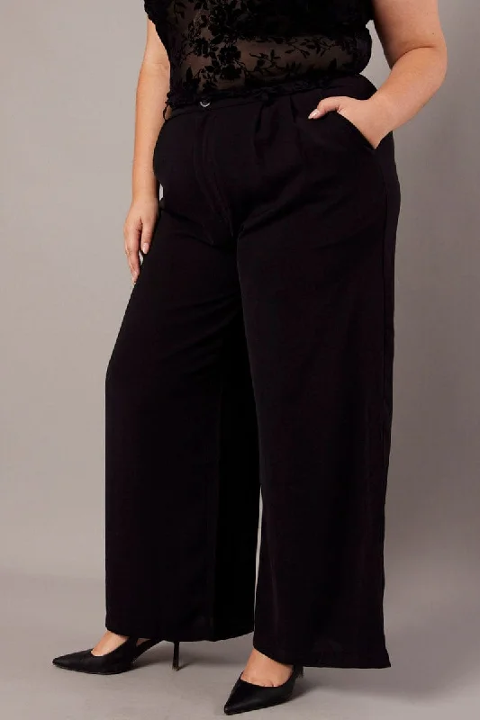 Black Wide Leg Pants High Waist Button Front Comfy Cargo Trousers