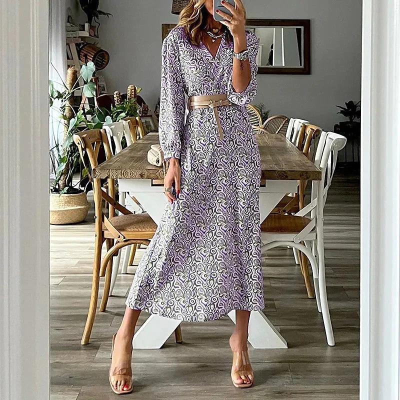 New Autumn Pattern Print Waisted Party Dress Elegant Casual V Neck Long Sleeve Dress Spring Commute Slim A-Line Boho Maxi Dress Tunics Polka dots