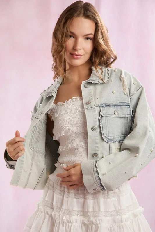 Scallop Detailed Pearl Embellished Denim Jacket Snapped Jacket Toggled Jacket Drawstring Jacket Scallop Detailed Pearl Embellished Denim Jacket Snapped Jacket Toggled Jacket Drawstring Jacket