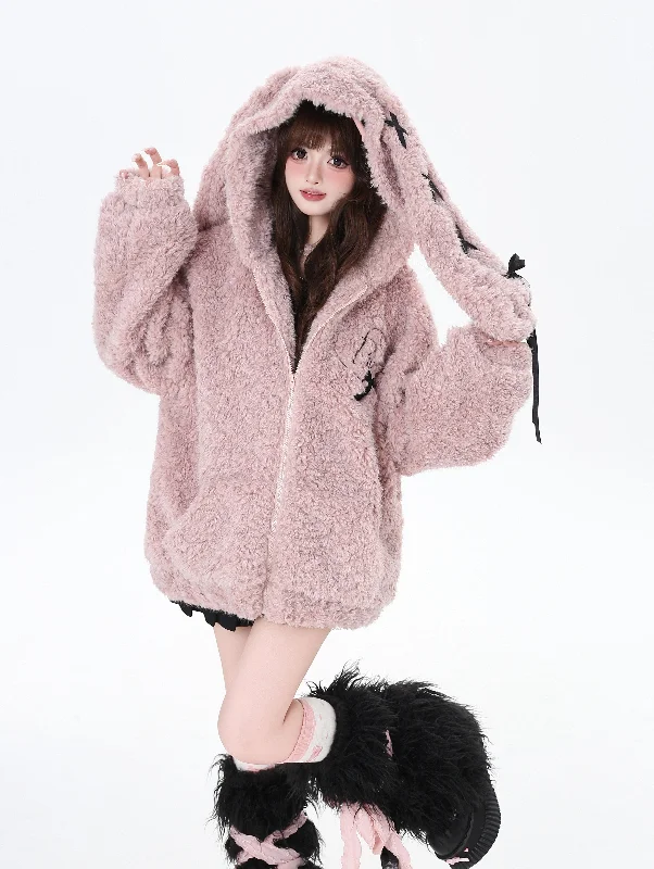 Rabbit Ears Loose Lamb Velvet Hooded Warm Zip Jacket CRA0088 Snapped Jacket Toggled Jacket Drawstring Jacket Rabbit Ears Loose Lamb Velvet Hooded Warm Zip Jacket CRA0088 Snapped Jacket Toggled Jacket Drawstring Jacket