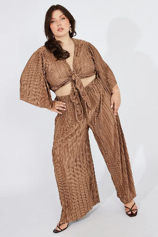 Brown Plisse Pants Wide Leg High Rise Modern Stretch Trousers