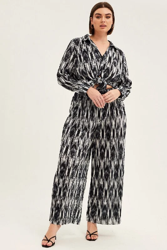 Black Print Plisse Pants Wide Leg High Rise Fashionable Button-Up Pants