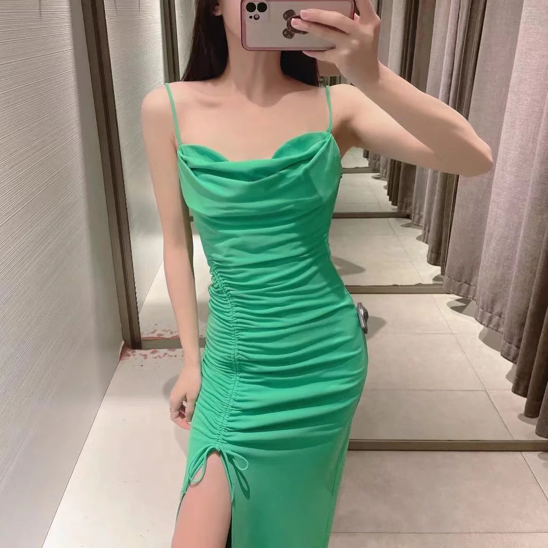 Woman Sexy Slip Dress Drawstring 2022 New Elegant Sleeveless Back Zipper Party Dress Female Fashion Tunics Handmade artisanal