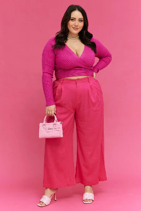 Pink Wide Leg Pants High Rise Linen Blend Formal Slim Pants