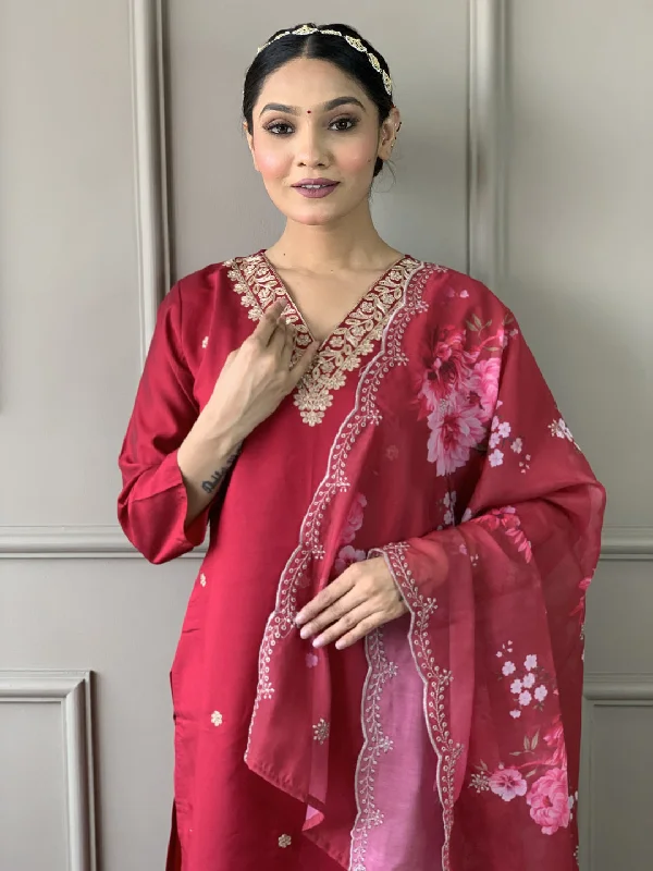 Red Attractive Readymade Pant Suit With Printed Embroidery Work High-Waist Jogger Pants