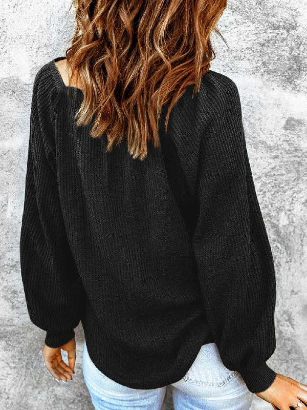 Black Waffle Knit Sweater with Football Graphic Design Welt Pockets Slit Pockets Flap Pockets