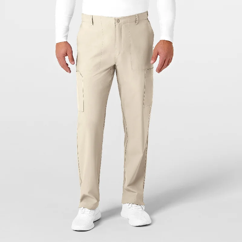 W123 Men's Flat Front Cargo Scrub Pant - Khaki Trendy Work Pants