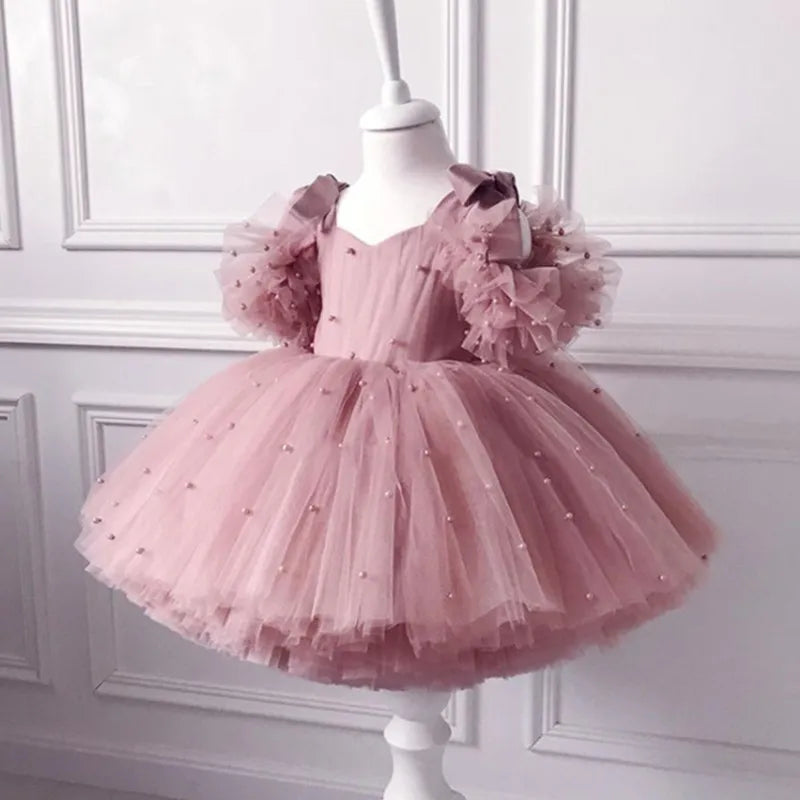 0-5Y baby girl dress baby dress dress christening dress pearl mesh princess dress tutu bow birthday party dress baby girl dress Tunics Winter warm
